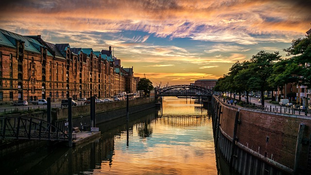 Districk Hamburg Spreicherstadt against the backdrop of the Elba River