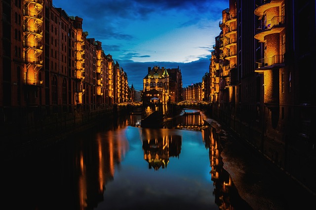 Spreicherstadt district at evening twilight